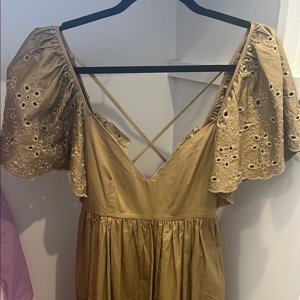 Tuckernuck Rich Tan Dress with Eyelet Puff Sleeves
